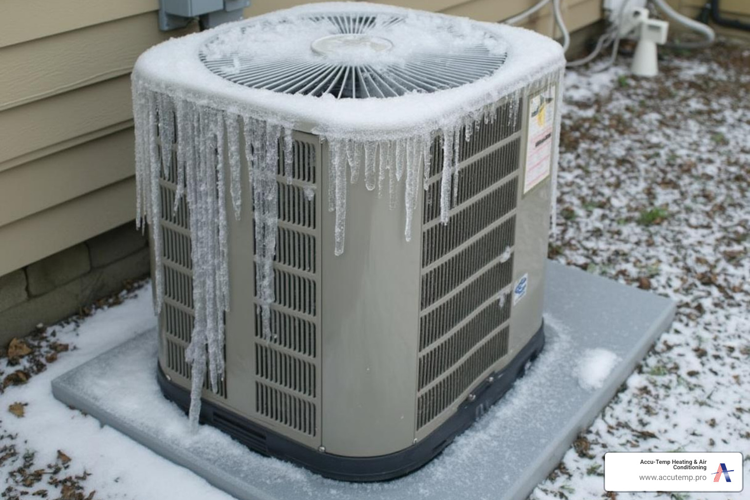 Discover the Latest HVAC and Refrigeration Tips 4 Outdoor heat pump unit covered in ice and snow, indicating potential heating issues and maintenance needs for homeowners experiencing cold air problems.