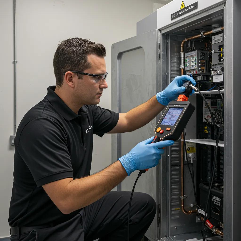 Technician using electronic leak detection equipment on a walk-in cooler, illustrating the process of identifying refrigerant leaks